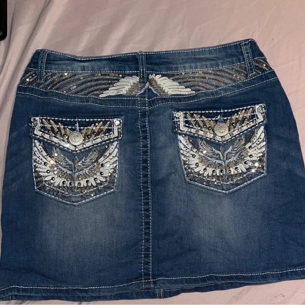 Denim Blue Skirt with Embellished Pockets - Picture 3 of 6